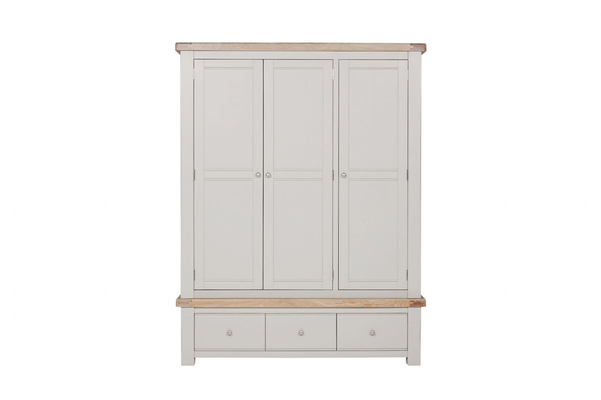 Taupe Wooden 3 Door 3 Drawer Triple Wardrobe Oak Top