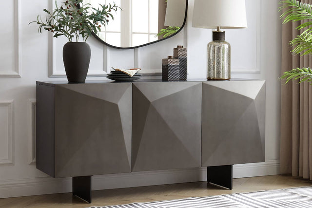 Brown Geometric Designed 3 Door Wide Sideboard