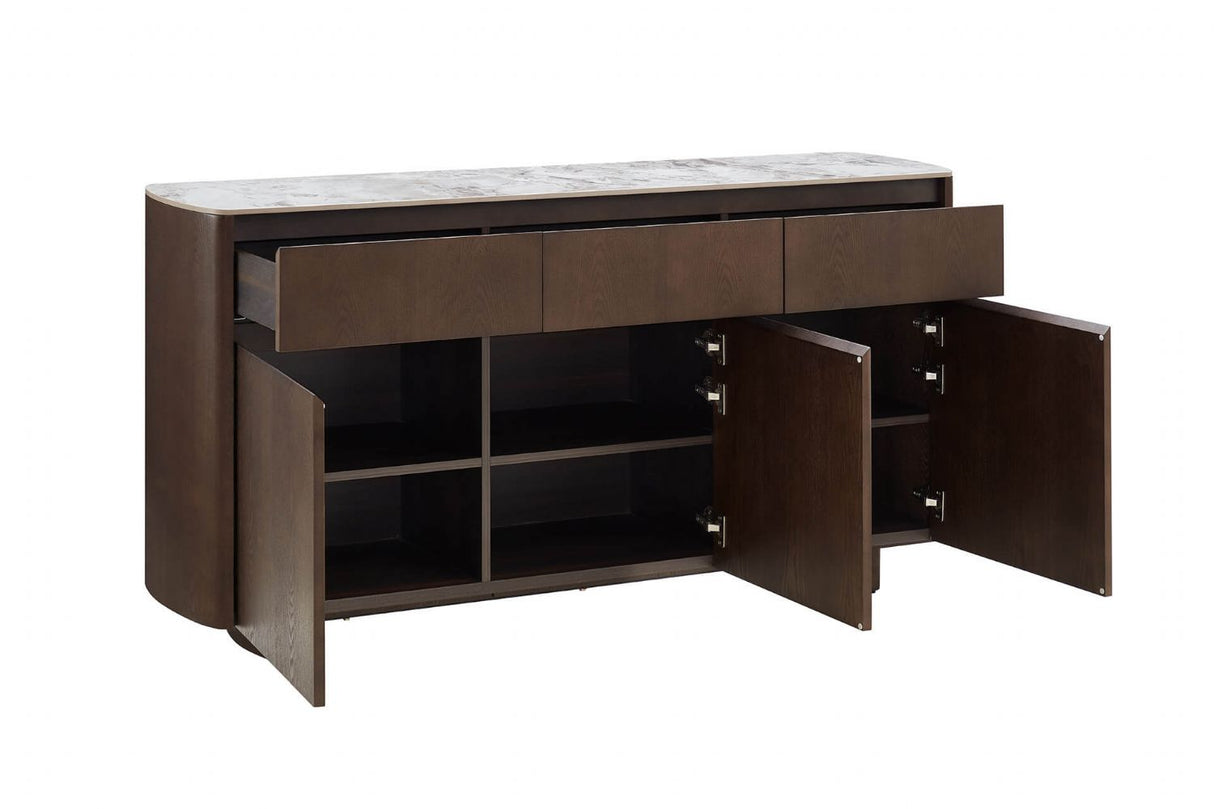 Grey Smoked Wood Large 3 Door Sideboard Marble Effect Top