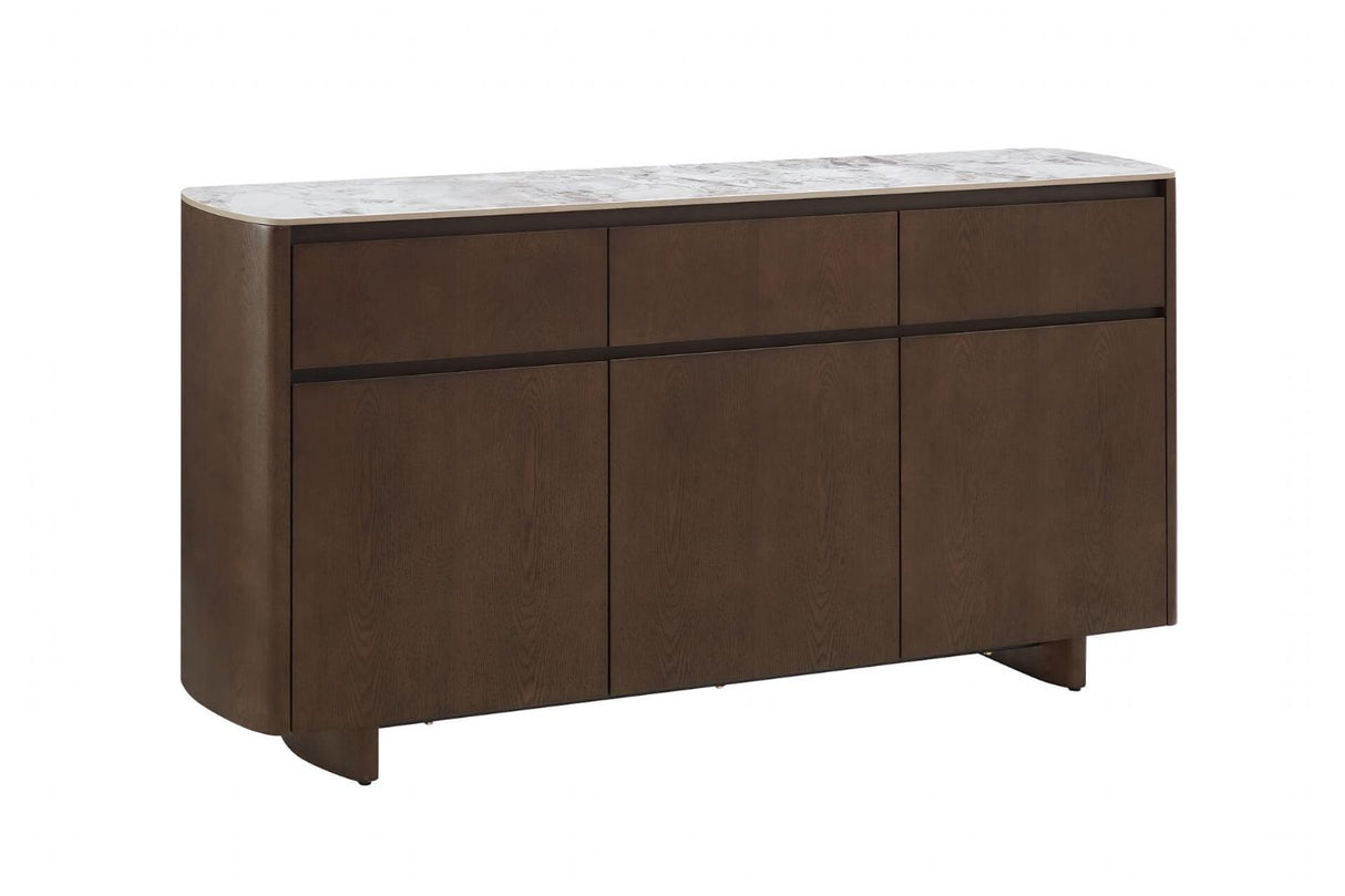 Grey Smoked Wood Large 3 Door Sideboard Marble Effect Top