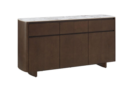 Grey Smoked Wood Large 3 Door Sideboard Marble Effect Top