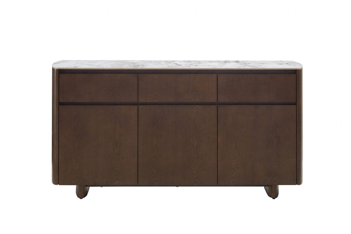 Grey Smoked Wood Large 3 Door Sideboard Marble Effect Top