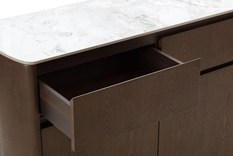 Grey Smoked Wood Large 3 Door Sideboard Marble Effect Top