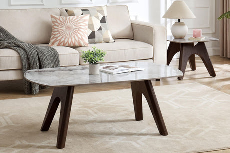 Grey Marble Effect Top Square Lamp Table Smoked Wood Legs