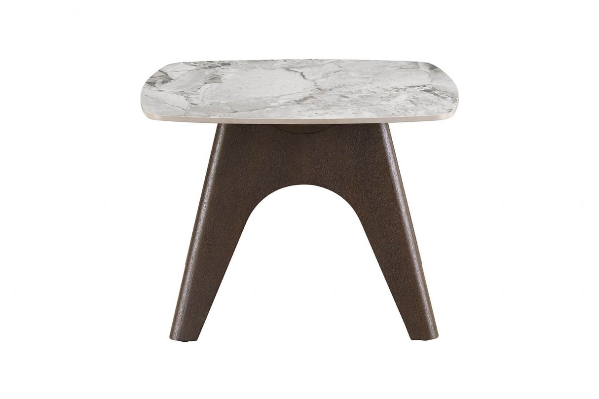 Grey Marble Effect Top Square Lamp Table Smoked Wood Legs