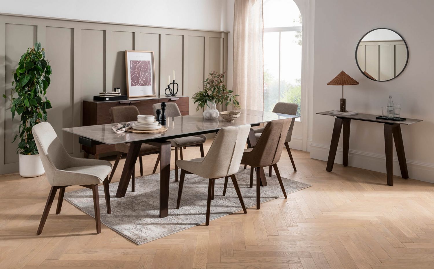 Brown Stone Top Extending Dining Table with Walnut Legs