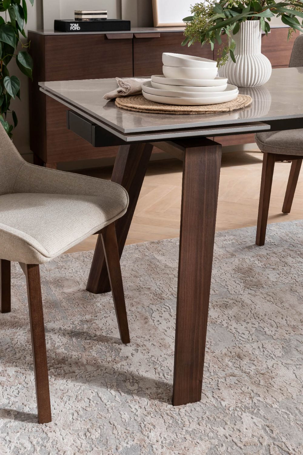 Brown Stone Top Extending Dining Table with Walnut Legs