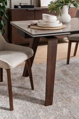 Brown Stone Top Extending Dining Table with Walnut Legs