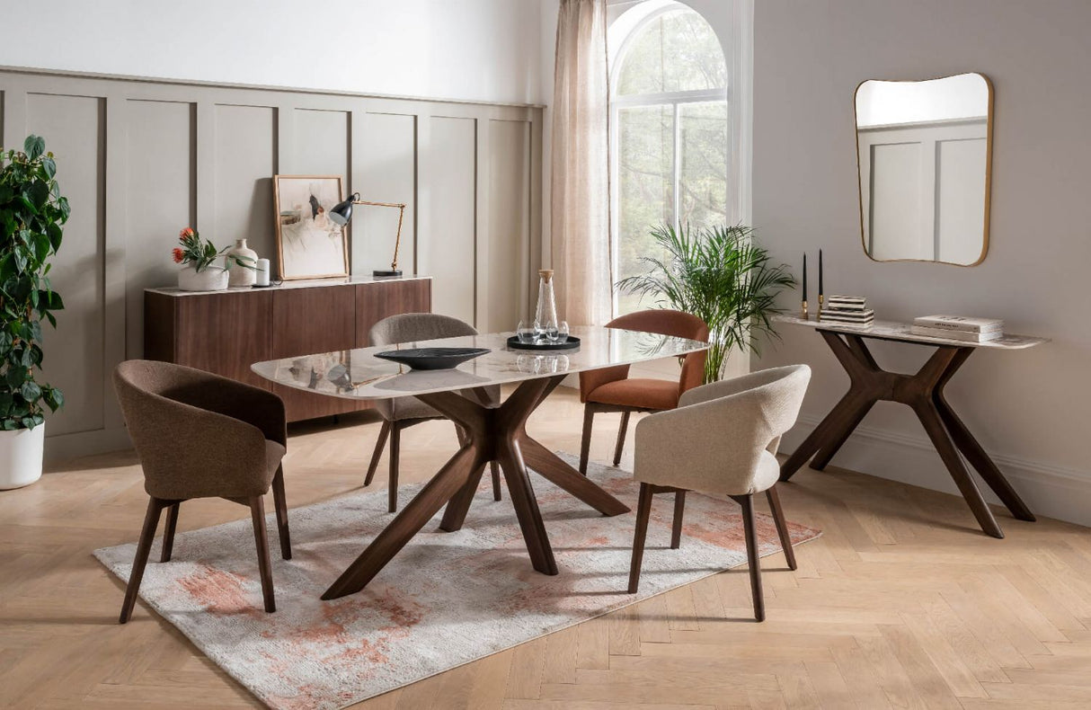 Brown Fabric Upholstered Curved Dining Chair with Walnut Legs