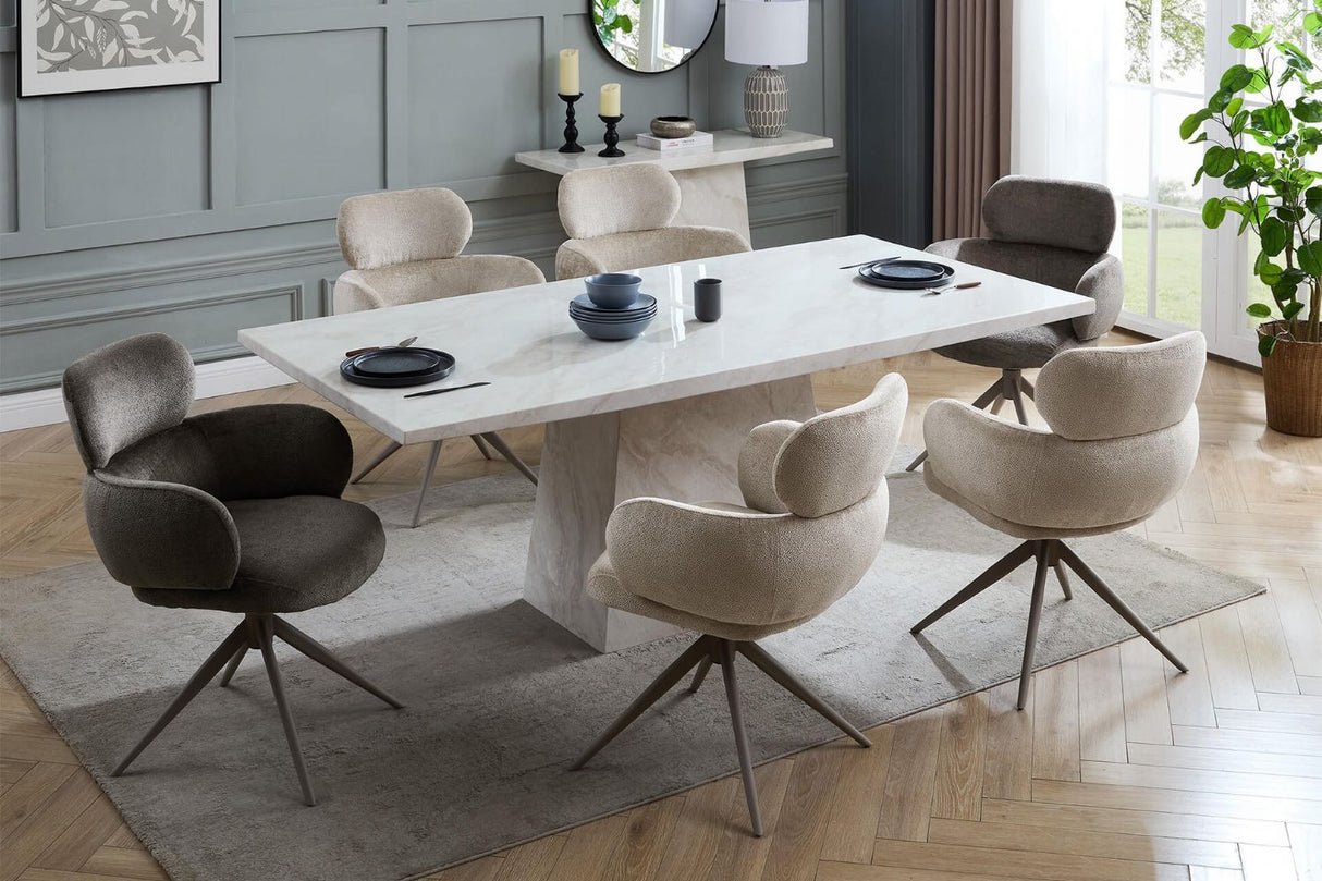 Beige Fabric Upholstered Swivel Dining Chair with Powder Coated Legs