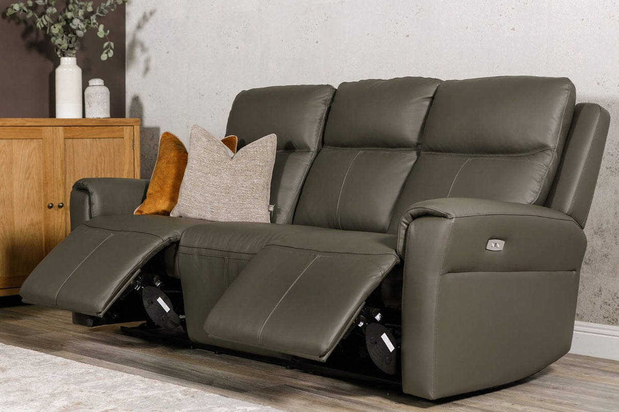Ash Leather Electric Power Recliner 3 Seater Sofa