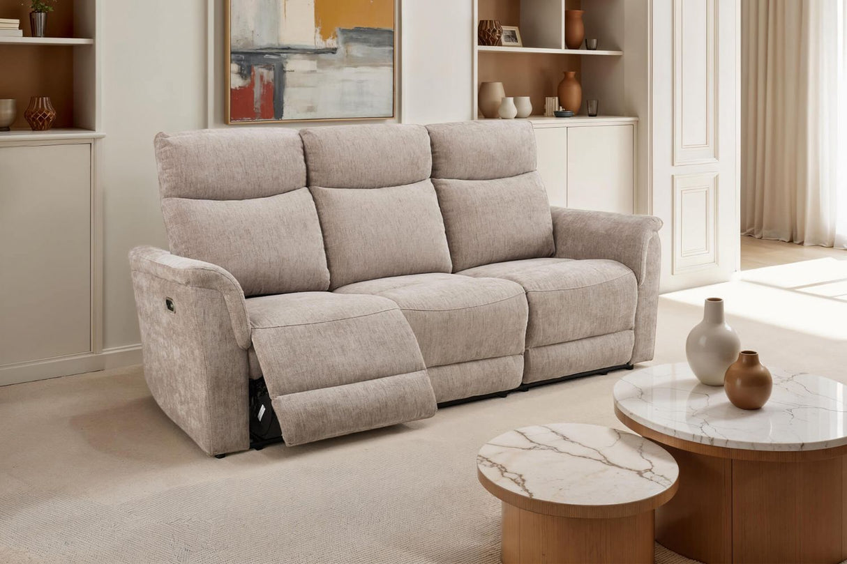 Mocha Woven Fabric Electric Power Recliner 3 Seater Sofa