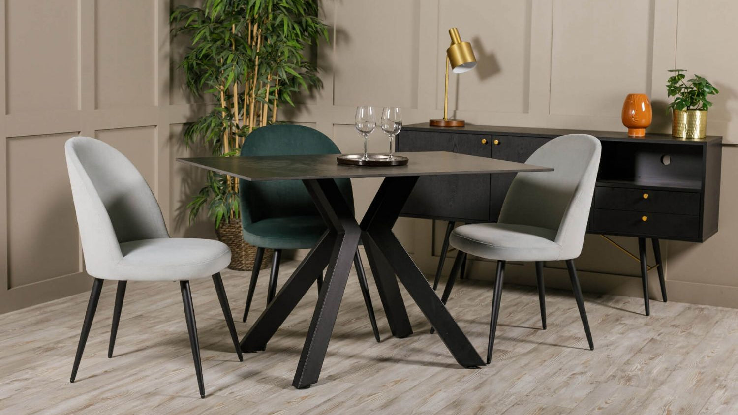 Silver Velvet Fabric Dining Chair Black Metal Legs
