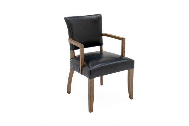 Vintage Blue Leather Arm Chair with Solid Oak Legs and Padded Seat