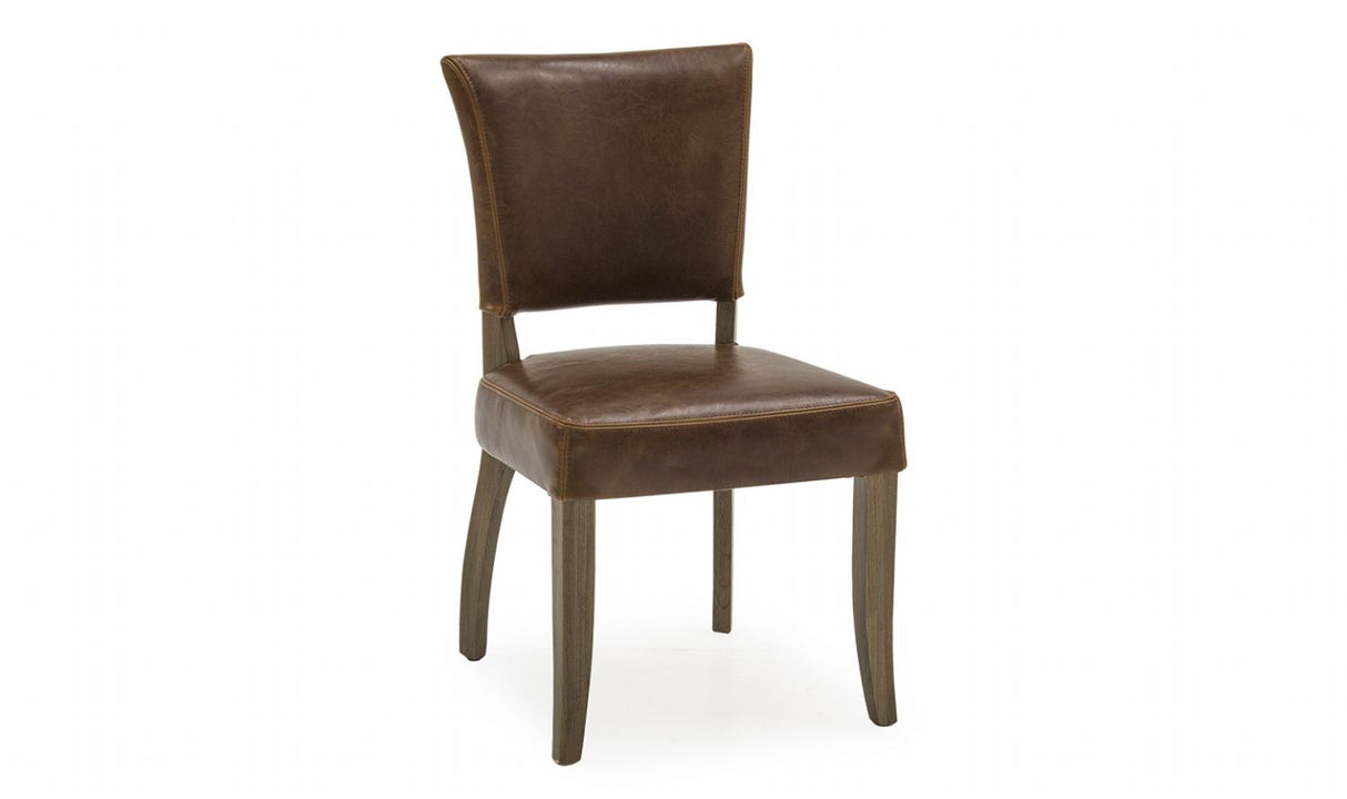 Traditional Tan Brown Leather Upholstered Dining Chair with Solid Oak Legs