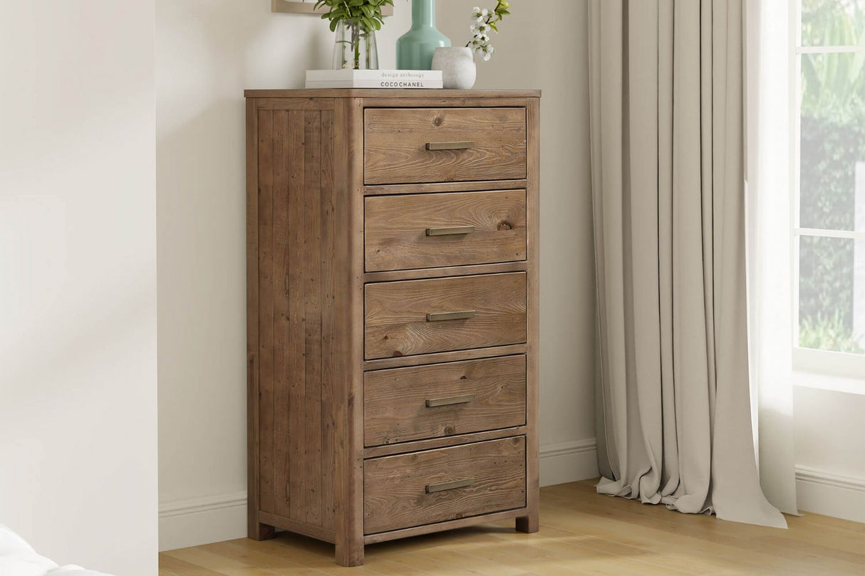 Rustic Reclaimed Pine Wood 5 Drawer Tallboy